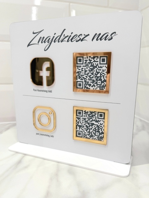 Prezenter stand stojak na recepcję z 2 kodami QR i napisem grawerowanym - Facebook | Instagram | KONFIGURATOR Prezenter stand stojak na recepcję z 2 kodami QR i napisem grawerowanym - Facebook | Instagram | KONFIGURATOR
