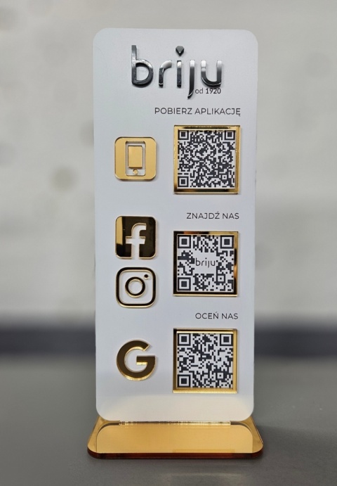 Prezenter stand stojak social media z 3 kodami QR i logo z plexi | KONFIGURATOR Prezenter stand stojak social media z 3 kodami QR i logo z plexi | KONFIGURATOR