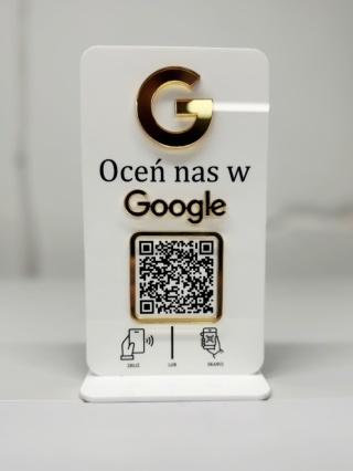 Prezenter stand stojak na recepcję z kodem QR i NFC - Oceń nas w Google | KONFIGURATOR