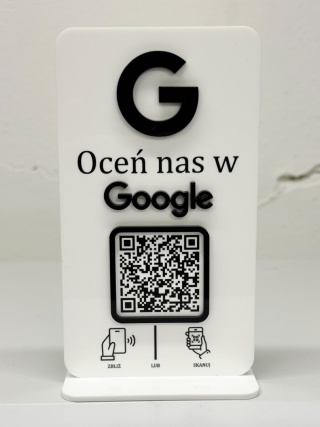 Prezenter stand stojak na recepcję z kodem QR i NFC - Oceń nas w Google | KONFIGURATOR