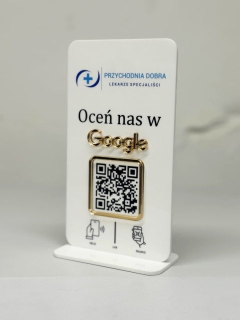 Prezenter stand stojak na recepcję z kodem QR i NFC - Oceń nas w Google | KONFIGURATOR