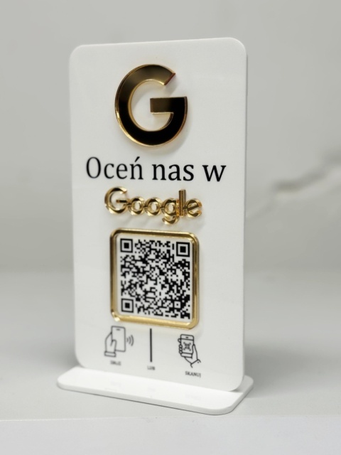 Prezenter stand stojak na recepcję z kodem QR i NFC z Twoim logo metodą druku UV - Oceń nas w Google | KONFIGURATOR