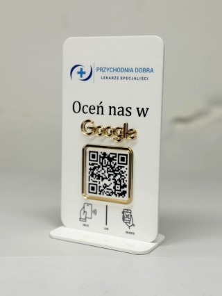 Prezenter stand stojak na recepcję z kodem QR i NFC z Twoim logo metodą druku UV - Oceń nas w Google | KONFIGURATOR