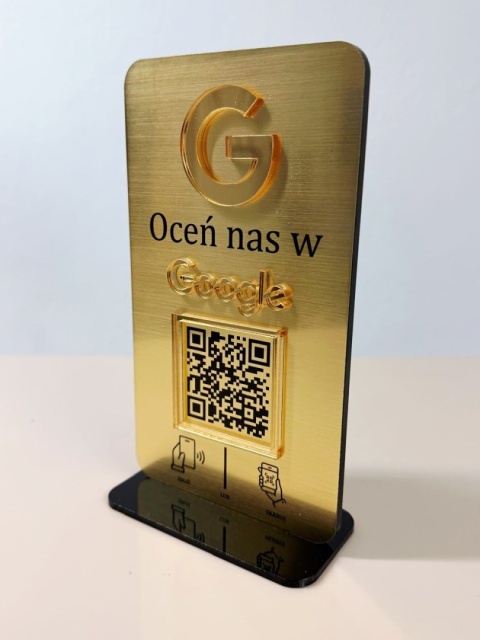 Prezenter stand stojak na recepcję z kodem QR i NFC z Twoim logo metodą druku UV - Oceń nas w Google | KONFIGURATOR