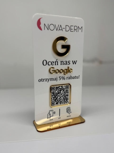 Złoty prezenter stand stojak na recepcję z kodem QR i NFC - Oceń nas w Google | KONFIGURATOR